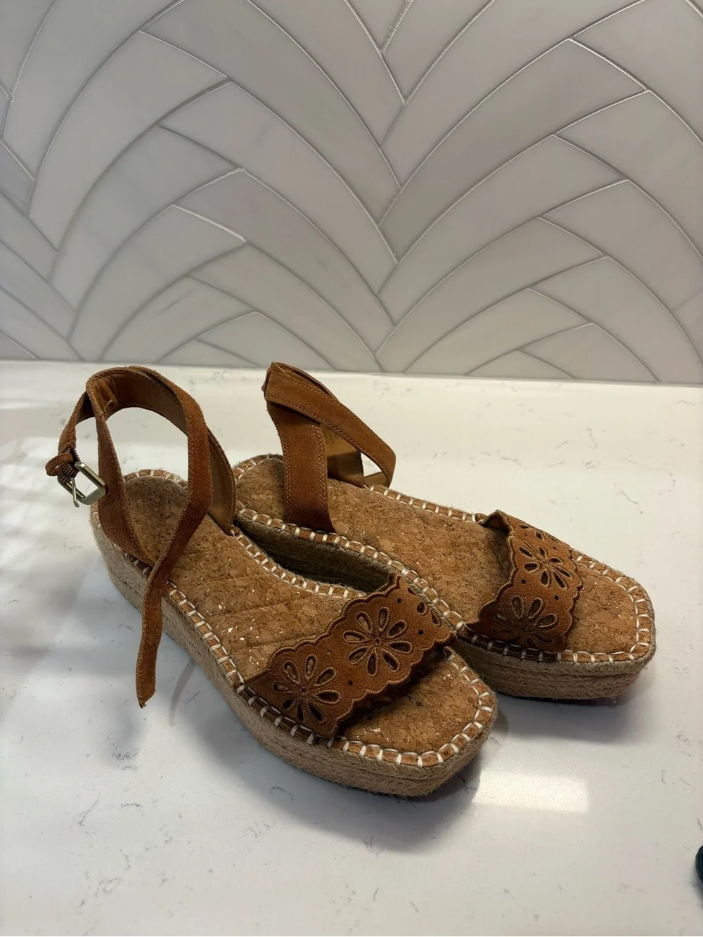 Crown Vintage Tan Suede Floral Cutout Espadrille Wedge Sandals